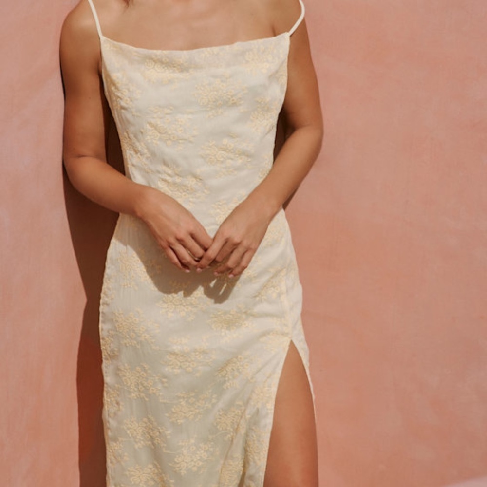 Lulus Lovely Existence Light Yellow Embroidered Cowl Neck Midi Dress - Size S